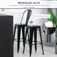 HOMCOM Juego de 4 Taburetes Altos de Cocina de Metal con Respaldo Alto y Reposapiés para Comedor 44x46x116 cm Negro(m-4)
