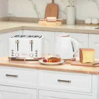 HOMCOM Kettle and Toaster Sets, 3000W 1.7L Rapid Boil Kettle & 4 Slice Toaster with 7 Browning Controls, Defrost, Reheat and Crumb Tray, UK Otter thermostat, Cream White(m-10)