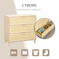 HOMCOM Commode 3 tiroirs cannage en rotin dim. 80L x 40l x 80H cm MDF Aspect Bois Clair(m-5)