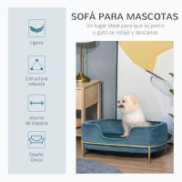 PawHut Sofá para Mascotas Tapizado en Terciopelo Cama para Perros y Gatos Pequeños con Cojín Suave Lavable Base de Metal y Bordes Elevados 63,5x43x24,5 cm Azul(m-7)