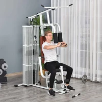 HOMCOM Station de musculation entrainement complet développé couché butterfly barre latissimus curler bande résistance 10 contrepoids 45 kg avec filet de protection acier blanc et marron(m-2)