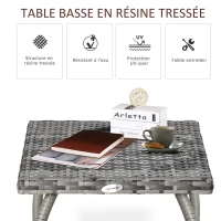 Outsunny Table basse de jardin style cosy chic table d'appoint métal époxy résine tressée imitation rotin gris(m-4)