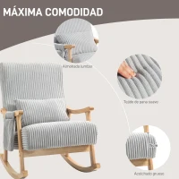 HOMCOM Silla Mecedora de Pana con Patas y Reposabrazos de Madera de Caucho Cojín Lumbar y Bolsillo Carga 120 kg Gris(m-6)