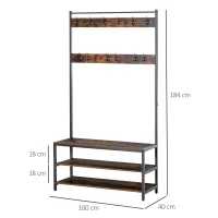 HOMCOM Perchero con Zapatero Perchero con 12 Ganchos Banco de 3 Estantes de Estilo Industrial 100x40x184 cm Marrón y Negro(m-3)