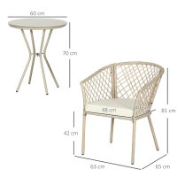 Outsunny Rattan Gartenmöbel-Set, 2 Stühle und Tisch, Hartglas-Tischplatte, PE-Rattan, Sitzauflagen, Metallrahmen, Khaki(m-3)
