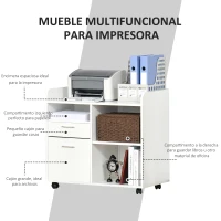 Vinsetto Armario para Impresora con 3 Compartimentos 2 Cajones para Archivos Estante Ajustable Ruedas 80x40x72 cm Blanco(m-6)