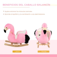 HOMCOM Caballito Balancín de Flamenco para Niños de +18 Meses Balancín Infantil de Felpa y Base de Madera Carga 25 kg 60x33x52 cm Rosa(m-5)
