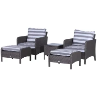 Outsunny 5 Pieces PE Rattan Garden Furniture Set with 10cm Thick Padded Cushions, Wicker Weave Outdoor Seating Chairs with 2 Armchairs, 2 Stools, Glass Top Table, Dark Grey(m-1)