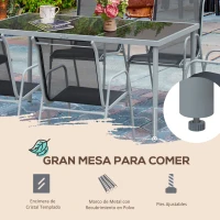 Outsunny Conjunto de Muebles Exterior para Jardín de 7 Piezas Incluye 1 Mesa y 6 Sillas Apilables con Reposabrazos 150x90x72cm Negro(m-4)