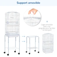 PawHut Cage à oiseaux sur pied volière oiseaux sur roulettes avec toit ouvrant 3 perchoirs étagère inférieure 46,5 x 36 x 157 cm(m-4)