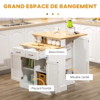 HOMCOM Desserte îlot de cuisine 3 placards étagères réglables 2 plans de travail en bois 2 tiroirs 76 x 97,5 x 92,5 cm blanc(m-4)
