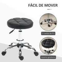 HOMCOM Taburete Giratorio con Ruedas Regulable en Altura de 48-63 cm Taburete de Trabajo Tapizado en Cuero PU para Peluquería Cosmética Dentista Diámetro Ø35,5 cm Negro(m-6)