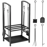 Outsunny Metal Firewood Log Holder 2 Layer Firewood Rack Indoor Outdoor Fireplace Wood Storage Shelf with 4 Tools and Hooks, Black, 40L x 30W x 74.5H cm(m-1)