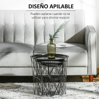 HOMCOM Juego de 3 Mesas Auxiliares Apilables Cestas de Metal con Bandeja Extraíble y Espacio de Almacenamiento Estilo Moderno para Salón Sofá Diámetro Ø43 Ø35 y Ø30 Negro(m-4)