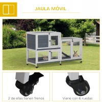 PawHut Conejera de Madera con Ruedas 147x45,5x88,5 cm Jaula para Conejos de 2 Niveles con Techo Abrible 2 Corrales de Metal 3 Bandejas Extraíbles 3 Puertas con Pestillo y Rampa Gris(m-7)