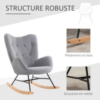 HOMCOM Fauteuil à Bascule, Rocking Chair, fauteuil allaitement confortable avec Structure en bois massif et métal pour Salon, Chambre, Balcon, Velours Gris clair(m-7)