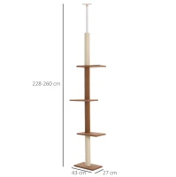 PawHut Árbol Rascador para Gatos de Suelo a Techo Torre para Gatos con Altura Ajustable y Plataformas 43x27x228-260 cm Marrón(m-3)