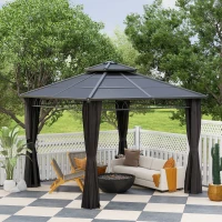Outsunny 3 x 3 (m) Outdoor Polycarbonate Gazebo, Double Roof Hard Top Gazebo with Galvanised Steel Frame, Nettings & Curtains for Garden, Lawn, Patio and Deck, Dark Grey(m-8)