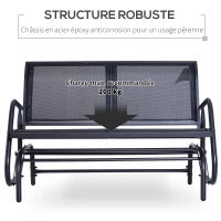 Outsunny Banc à Bascule de Jardin 2 Places Design Contemporain Grand Confort accoudoirs Assise et Dossier Ergonomique métal textilène Noir(m-6)