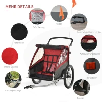 HOMCOM 3 in 1 Kinderanhänger Kinder Jogger Fahrradanhänger mit 360 Grad schwenkbarem Vorderrad Radanhänger für 2 Kinder mit Schwingungsdämpfungssystem Aufbewahrungstasche Wetterschutz Aluminium Rot(m-7)