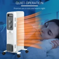 HOMCOM 1500W Oil Filled Radiator, 7 Fin, Portable Electric Heater with 3 Heat Settings, Safety Cut-Off and Wheels, White(m-6)
