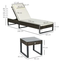 Outsunny Three-Piece Reclining Lounger Set, with Glass-Top Table - Cream(m-3)