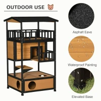 PawHut Wooden Outdoor Cat House, 3-Tier Cat Shelter with Tilted Roof, Terrace, Jump Step, Bottom Tray and Elevated Base, Waterproof Paint, Yellow(m-6)