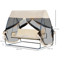 Outsunny Balancelle de Jardin Convertible 3 Places Grand Confort : Matelas Assise Dossier, moustiquaire intégrale zippée avec Toit, Pochette Rangement métal époxy Polyester Beige(m-3)