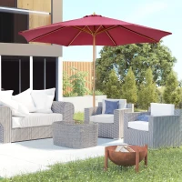 Outsunny 3(m) Garden Parasol, Pulley Operated Patio Umbrella, Wooden Table Market Umbrella with Rope Pulley Mechanism and 8 Ribs, Wine Red(m-12)