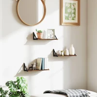 HOMCOM Set of 3 Wall Shelves, 43cm Vintage Wall Mounted Floating Shelves for Living Room, Entryway, Bedroom, Rustic Brown(m-10)