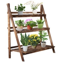 Outsunny 3-Etagen Pflanzenständer, klappbarer 93 cm hoch Blumenständer für Innen Außen, Pflanzenregal aus Holz, Blumentopfständer mit Tabletts, Blumentreppe für Wohnzimmer, Garten Balkon, Dunkelbraun(m-1)