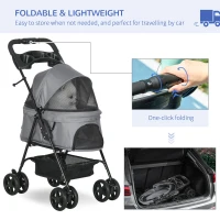 PawHut Dog Stroller with Rain Cover, Dog Pushchair One-Click Fold Trolley Jogger with EVA Wheels Brake Basket Adjustable Canopy Safety Leash for Small Dogs, Grey(m-5)