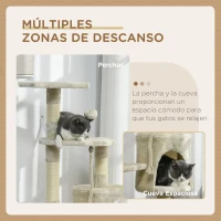 PawHut Rascador para Gatos Altura 116 cm Árbol para Gatos Torre de Escalada con Postes Rascadores de Sisal Cueva Plataformas y Juguetes Divertidos Colgantes Beige(m-6)