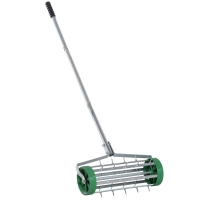 Outsunny Rasenlüfter Grifflänge einstellbar Handvertikutierer Rasenbelüften Stachelwalze Rasen rollender Rasenlüfter pflegen Garten verzinktes Rohr Grün+Silber 139 x 43,5 x 15 cm