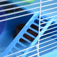 Pawhut 2 Tier Hamster Cage, Gerbil Cage with Handle, Exercise Wheels, Tunnel, Tube, Water Bottle, Dishes, Ladder, for Dwarf, Blue(m-9)