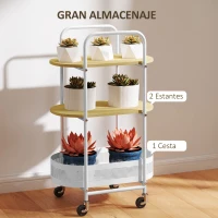 HOMCOM Carrito Auxiliar con Ruedas de 3 Niveles Carro de Almacenamiento con Cesta y Estantes 49,5x32,5x82,5 cm Blanco y Madera Natural(m-4)