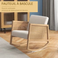 HOMCOM Fauteuil à bascule rocking chair design tissu effet lin accoudoirs cannage style bohème structure en d'hévéa gris clair(m-4)