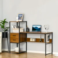 HOMCOM Industrial Computer Desk with Drawers and Storage Shelves, 140 x 50cm Home Office Desk, Study Table, Light Walnut Brown(m-10)