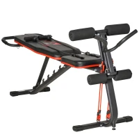 HOMCOM Hantelbank verstellbare Trainingsbank mit elastischer Seils Sit Up-Bank für Heimtraining 6 Stufen Rückenlehne-Gefälle Gewicht bis 150 kg Stahl Kunstleder Schwarz+Rot 145 x 49 x 48-127 cm(m-10)