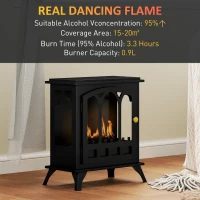 HOMCOM Ethanol Fireplace Stove, Freestanding Bioethanol Fire, Indoor Ethanol Burner with 0.9 Litres Volume, Burns for Up to 3.3 Hours, 21 Inch, Black(m-4)