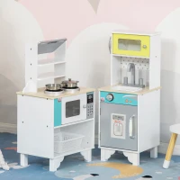 HOMCOM Two Kids Wooden Toy Kitchen Play Cooking Set Pretend Role Playset, with Sink Faucet, Cooking Bench, Telephone, Pots, for 3-6 Years(m-2)