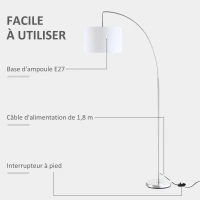 HOMCOM Lampadaire arc lampadaire arceau courbé design contemporain abat-jour polyester interrupteur à pied pour salon chambre et bureau 90 x 38 x 183 cm blanc et argent(m-6)