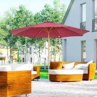 Outsunny 3(m) Garden Parasol, Pulley Operated Patio Umbrella, Wooden Table Market Umbrella with Rope Pulley Mechanism and 8 Ribs, Wine Red(m-2)
