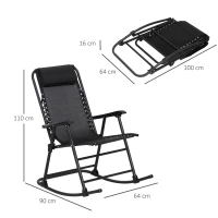 Outsunny Schaukelstuhl, Klappbare Schaukelliege, Gartenliege, Schwungliege, Schaukelsessel mit Kopfkissen, Stahl + Texteline, Schwarz bis 120 kg 90 x 64 x 110 cm(m-3)