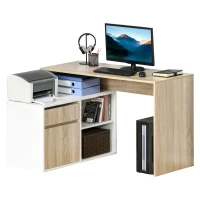 HOMCOM Scrivania Angolare, Scrivania ad Angolo per Computer da Camera o Ufficio, Scrivania Salvaspazio in Legno, Rovere e Bianco(m-10)