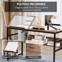 HOMCOM Table à dessin inclinable bureau informatique design industriel - plateau relevable, étagère - panneaux particules aspect vieux bois métal noir(m-4)