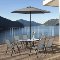 Outsunny Ensemble salon de jardin 8 pièces avec grand parasol, table dim.140L x 90l x 70H cm et chaises pliantes pour 6 personnes - métal époxy textilène polyester gris(m-2)