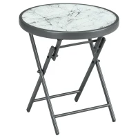 Outsunny Φ45cm Garden Side Table, Outdoor Round Folding Patio Table with Imitation Marble Glass Top, Small Coffee Table, White(m-1)