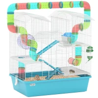 PawHut 4 Tier Hamster Cage w/ Tubes, Exercise Wheel, Hut, Water Bottle, Food Dish, Ramps, for Dwarf Hamster, Light Blue(m-1)