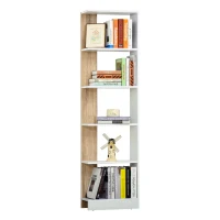 HOMCOM Estantería de Almacenaje con 5 Estantes Librería Multiusos para Estudio Oficina con Base Elevada Diseño Elegante 45x21x170 cm Blanco y Roble(m-10)